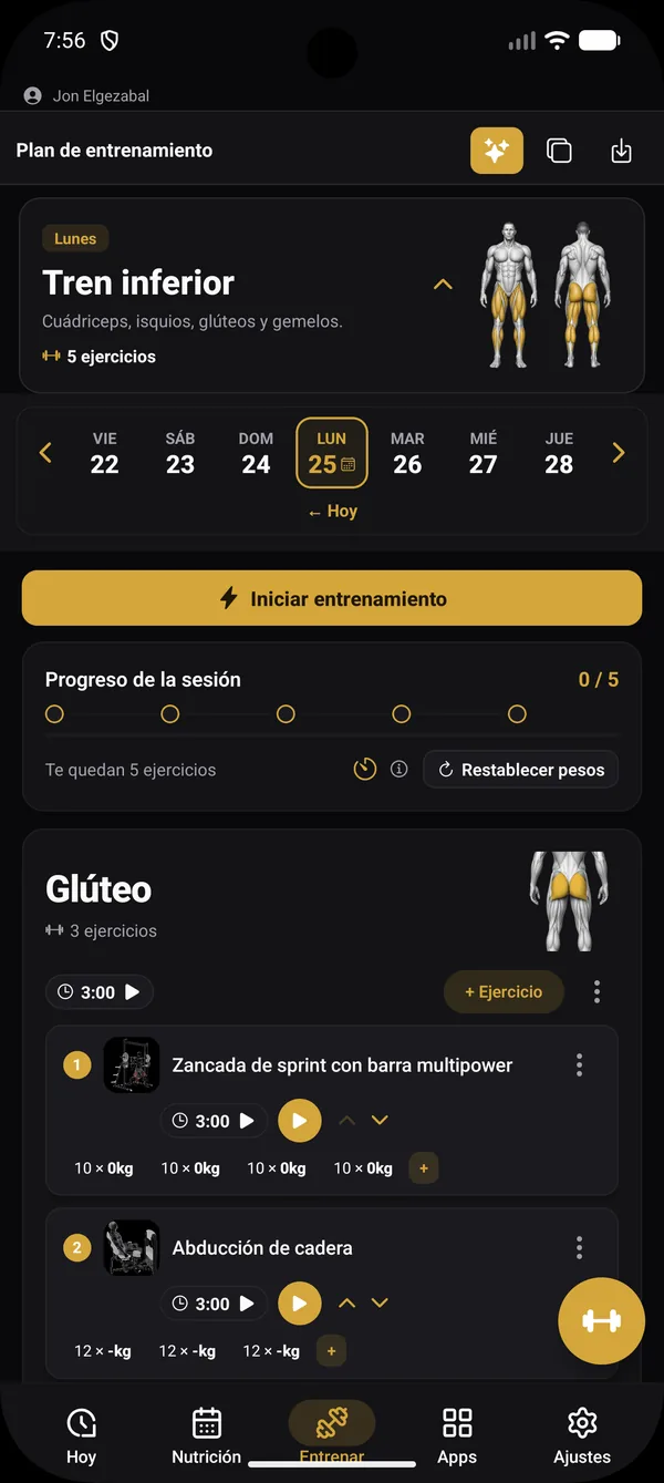 Plan de entrenamiento de FitCoachLab con los ejercicios, las series y los pesos