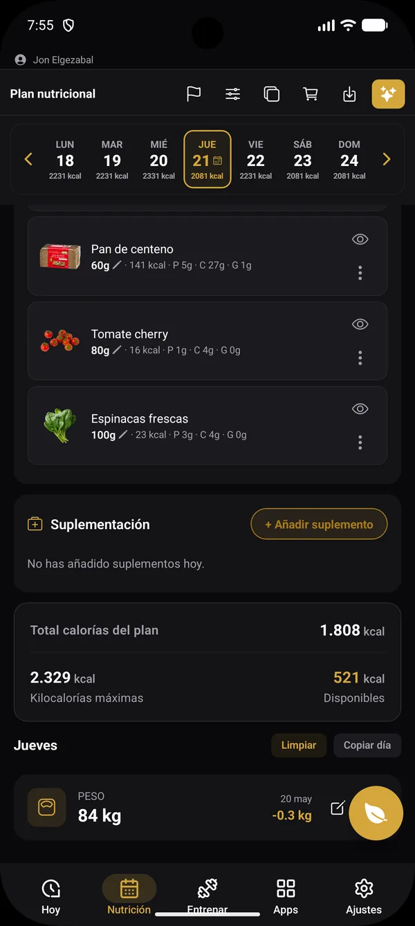 Plan nutricional de FitCoachLab con los alimentos del día y sus fotos