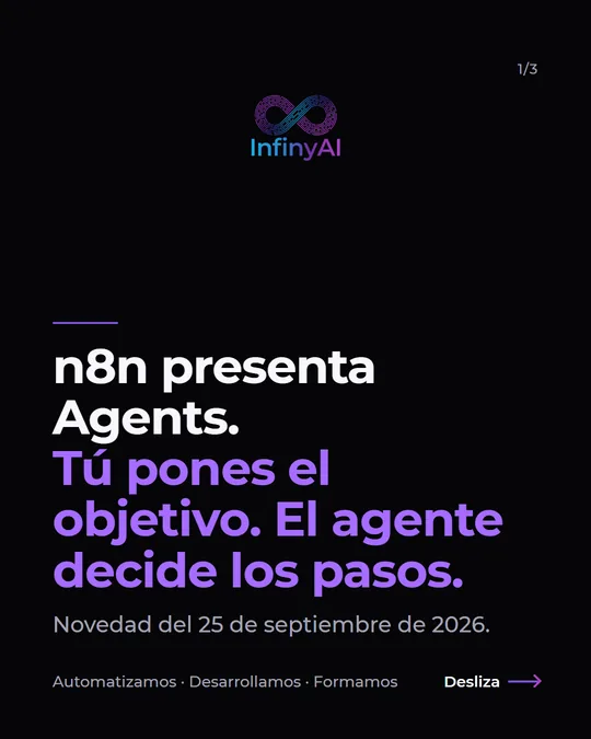 Portada del carrusel: «n8n presenta Agents. Tú pones el objetivo. El agente decide los pasos.» Novedad del 25 de septiembre de 2026