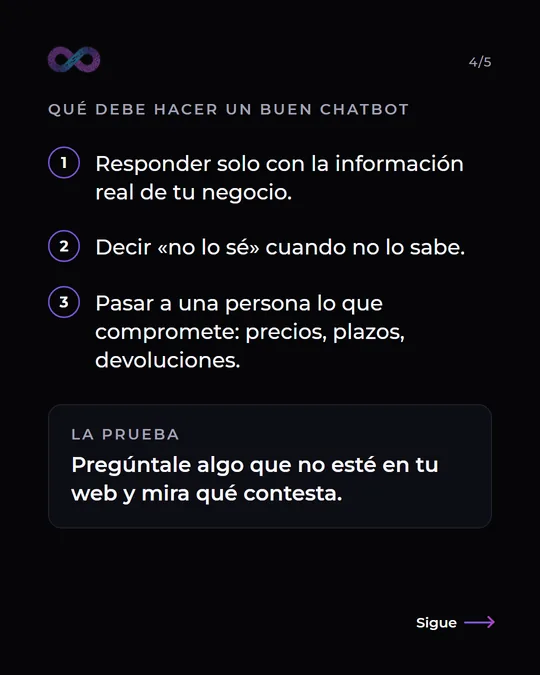 Qué debe hacer un buen chatbot: responder solo con la información real del negocio, decir «no lo sé» cuando no lo sabe y pasar a una persona lo que compromete, como precios, plazos y devoluciones