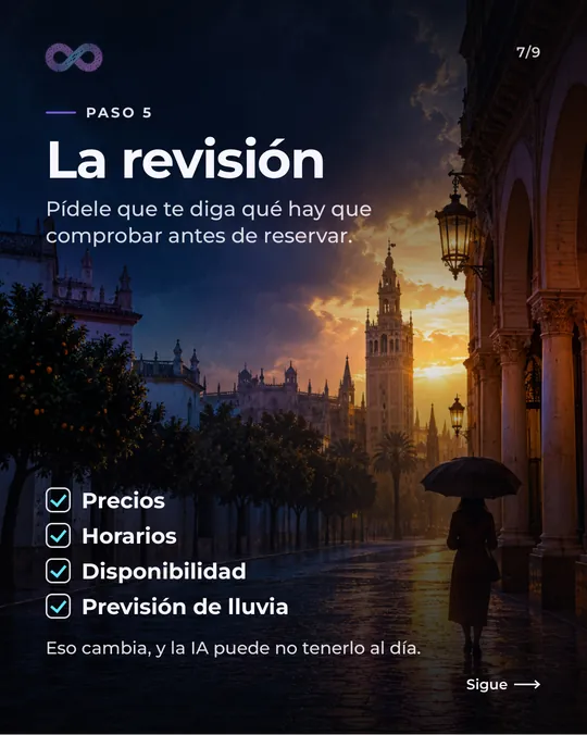 Paso 5, la revisión: pídele que te diga qué hay que comprobar antes de reservar. Precios, horarios, disponibilidad y previsión de lluvia, porque eso cambia y la IA puede no tenerlo al día