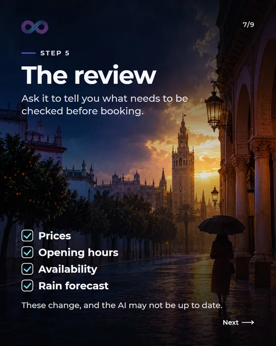 Step 5, the review: ask it to tell you what needs to be checked before booking. Prices, opening hours, availability and the rain forecast, because these change and the AI may not be up to date