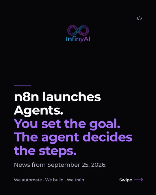 Carousel cover: "n8n launches Agents. You set the goal. The agent decides the steps." News from September 25, 2026