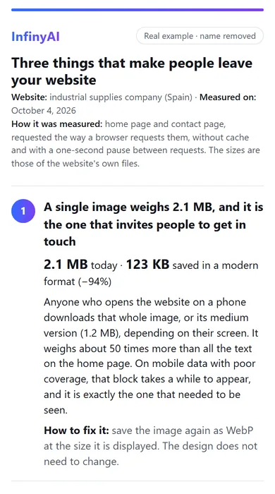 First part of the example report, seen on a phone: three things that make people leave the website.