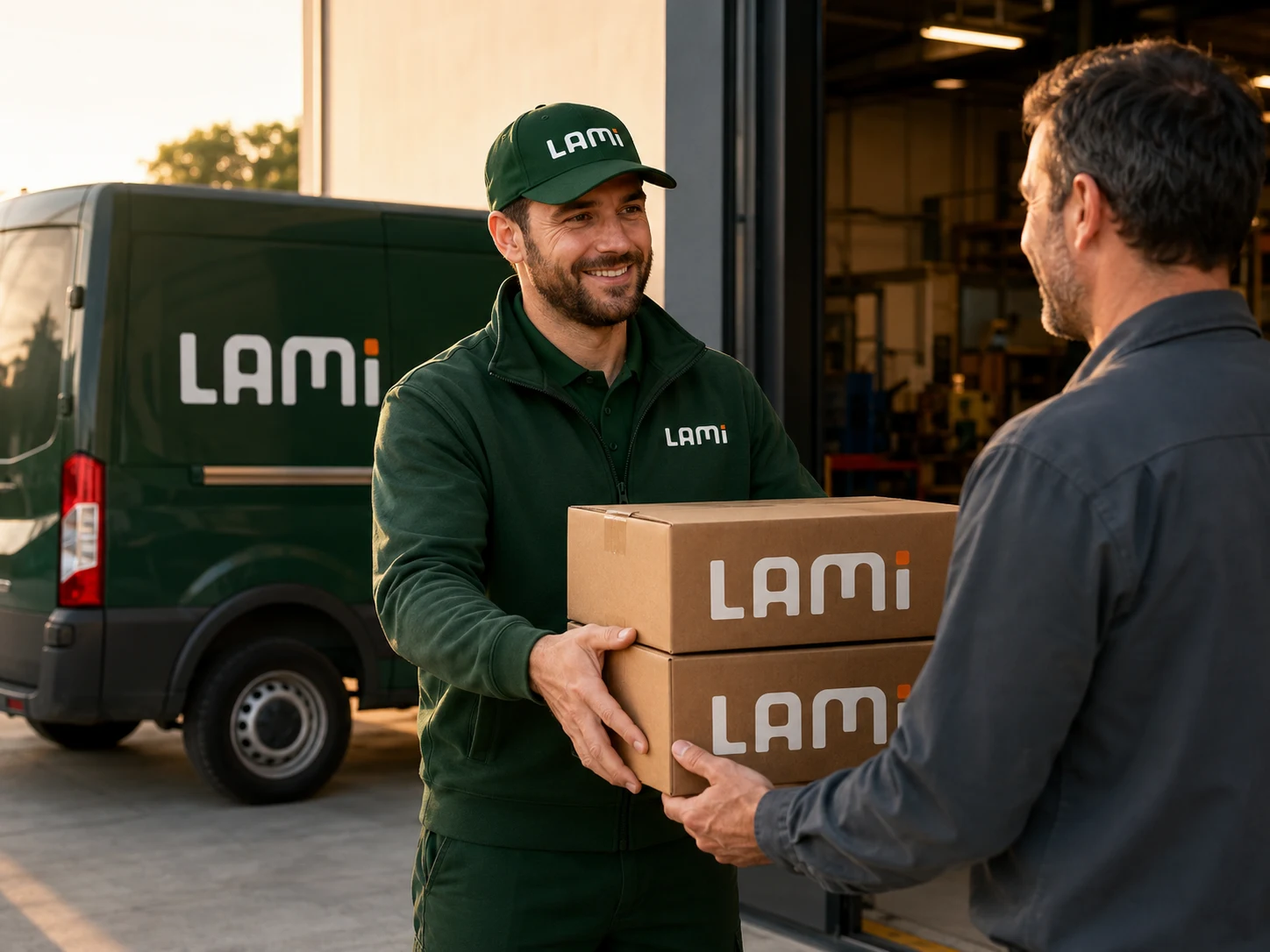 Repartidor de LAMI entregando material industrial a un cliente en su taller