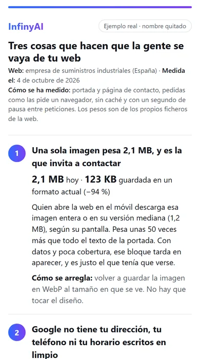 Primera parte del informe de ejemplo, visto en un móvil: tres cosas que hacen que la gente se vaya de la web.