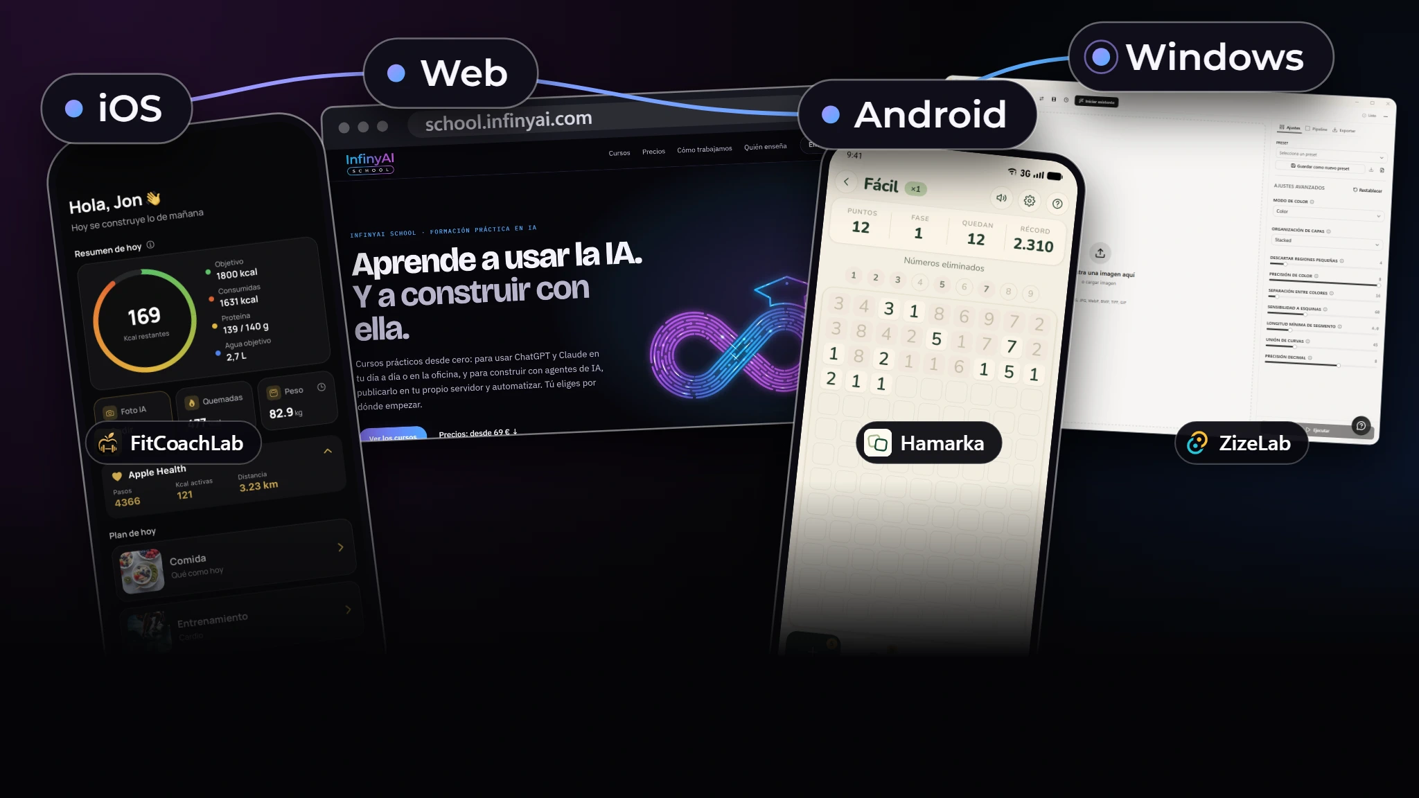 Cuatro creaciones de InfinyAI, cada una en su plataforma: FitCoachLab en un iPhone, InfinyAI School en un navegador, Hamarka en un móvil Android y ZizeLab en una ventana de Windows
