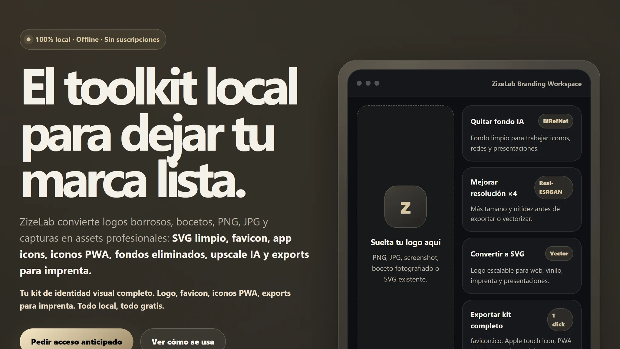 Portada de la web de ZizeLab, con su espacio de trabajo: quitar fondo, mejorar resolución, convertir a SVG y exportar el kit